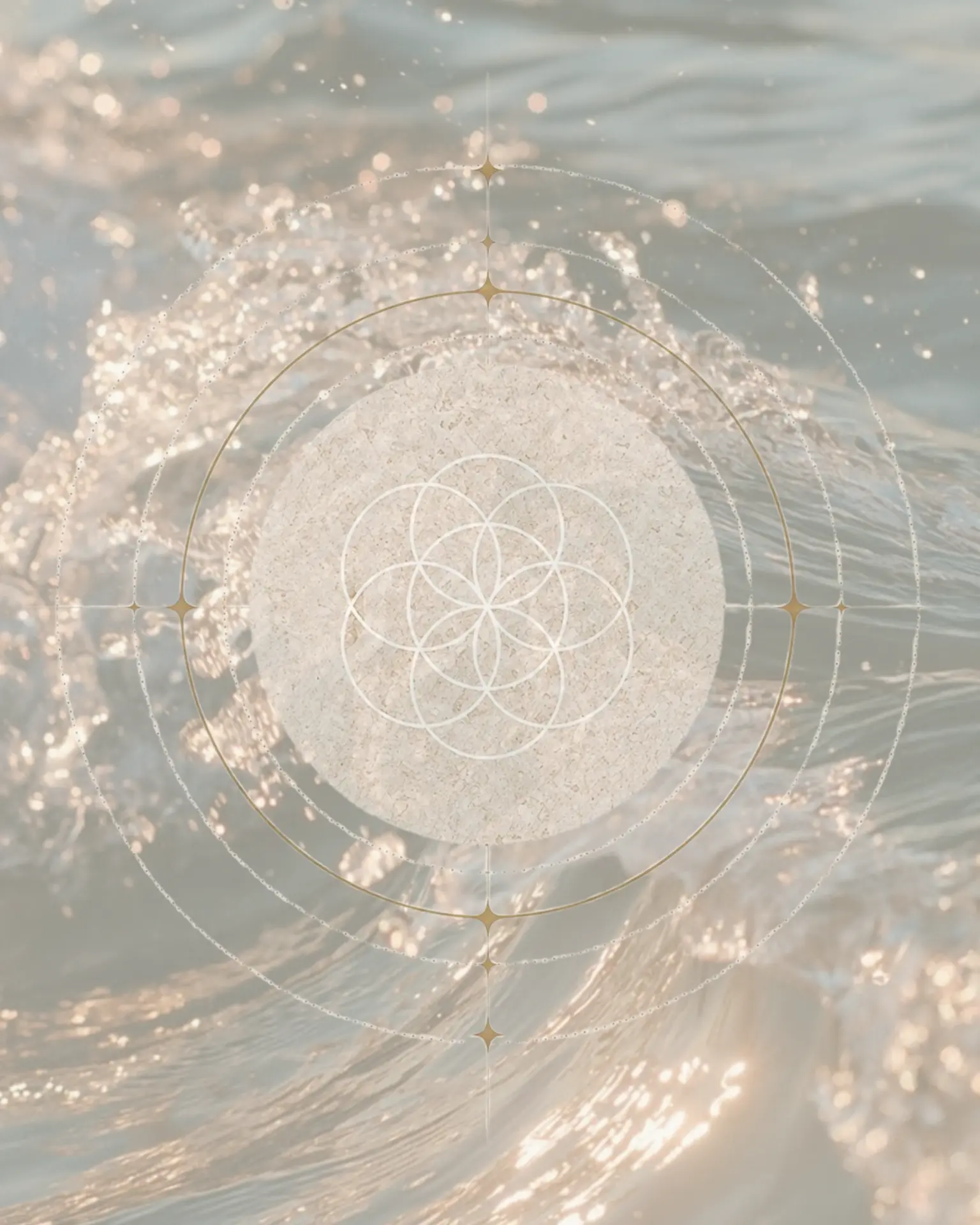 Sunlit sparkling water overlaid with a luminous seed-of-life mandala in gold.